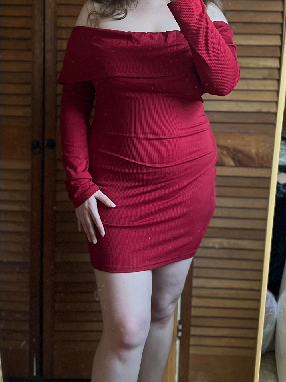 ROMWE Off-Shoulder Ribbed Mini Dress in Red
